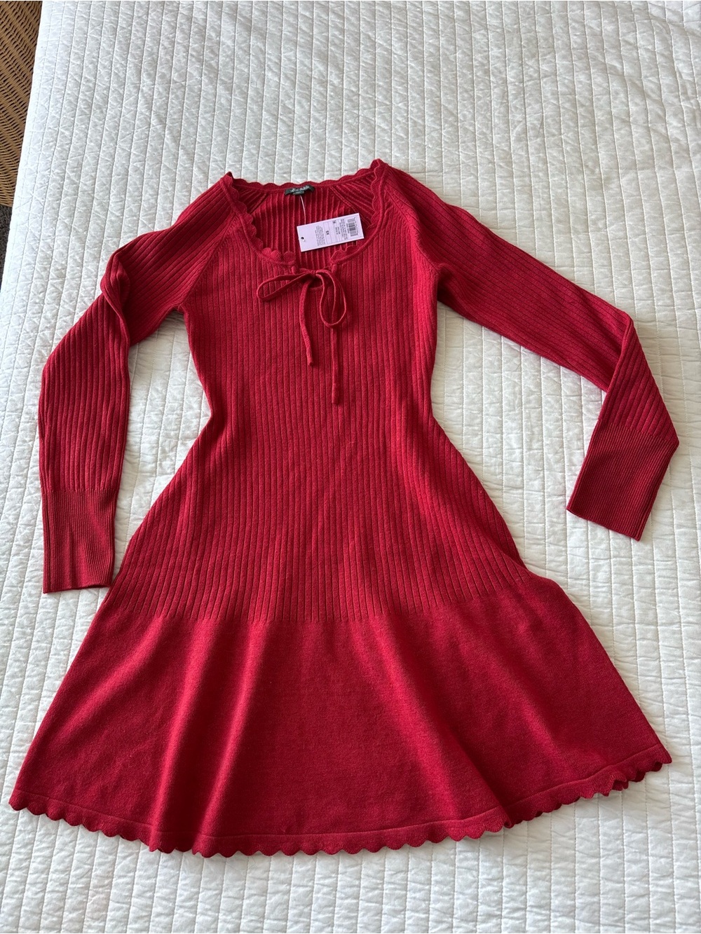 Red Ribbed Tie-Neck Long Sleeve Dress